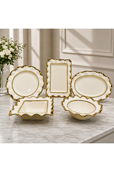 Hinora 5-Piece Porcelain Presentation and Serving Set – Gold/Silver Edged Sna...
