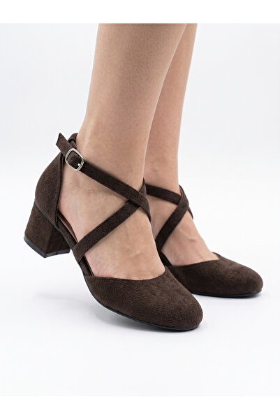 Pabrik Brown Suede Cross Buckle Girls' Heeled Shoes