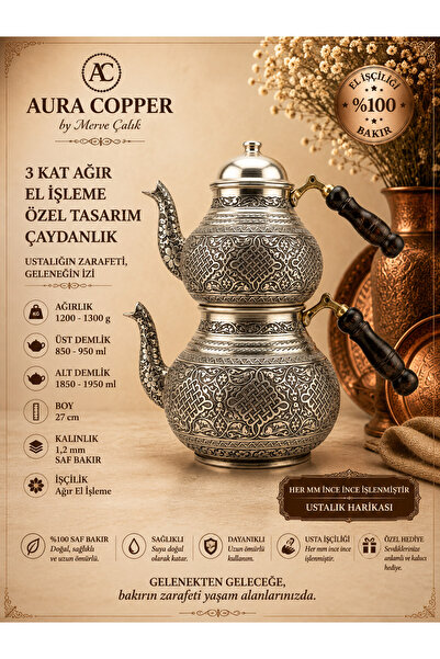 AURA COPPER 3 kat Ağır El İşlemeli Bakır Çaydanlık Seti 1,2 mm Yoğun Motifli ...