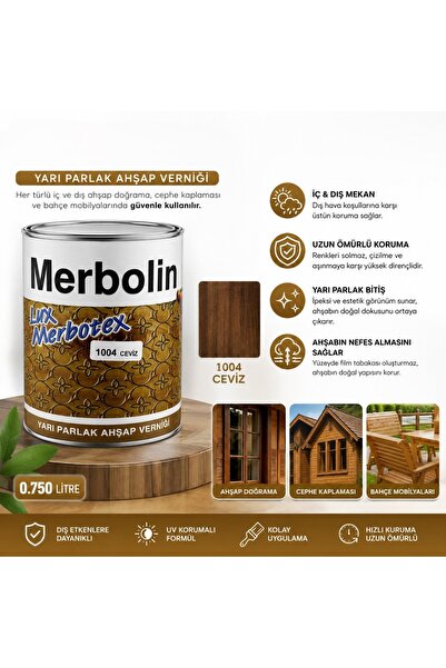 Merbolin 1004 Ceviz Yarı Parlak Ahşap Verniği 0,750 Litre Dekoratif Ahşap Ver...