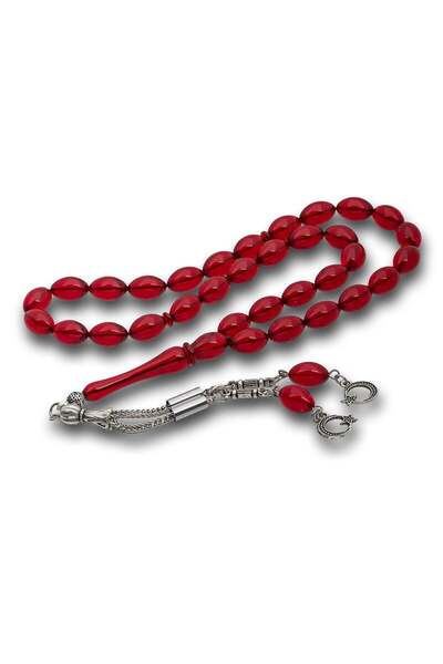 Inure Jewelry Red Crimped Amber Prayer Beads with Metal Tassels