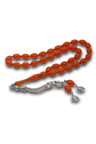 Inure Jewelry Orange Crimped Amber Prayer Beads with Metal Tassels
