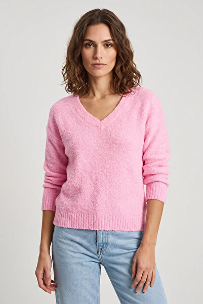 Efnaz style Women's Self Textured V-Neck Candy Pink Sweater