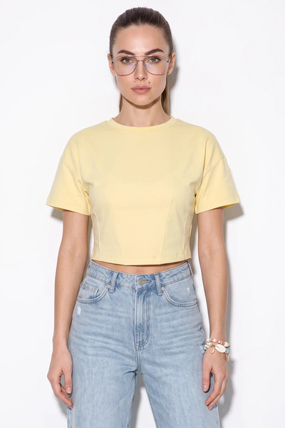 Efnaz style Women's Crew Neck Crop Yellow Blouse with Corsage Stitching Detail