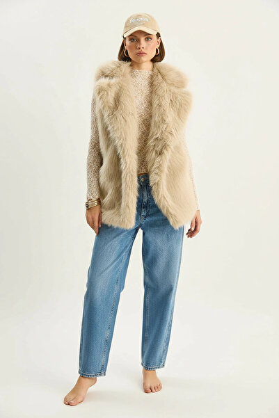 Efnaz style Women's Jacket Collar Lined Belted Fur Beige Vest