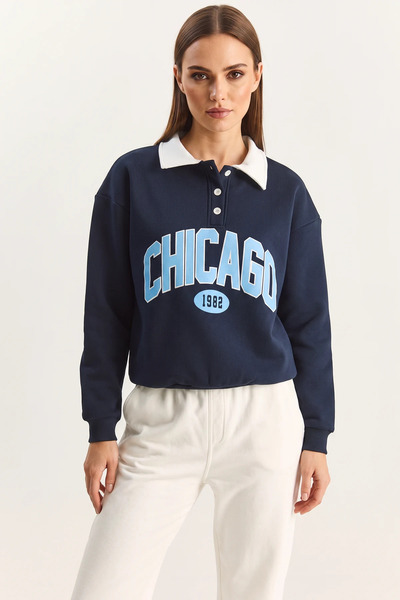 Generic Brand Women's Polo Collar Chicago Printed Three-Thread Ribbed Navy Bl...