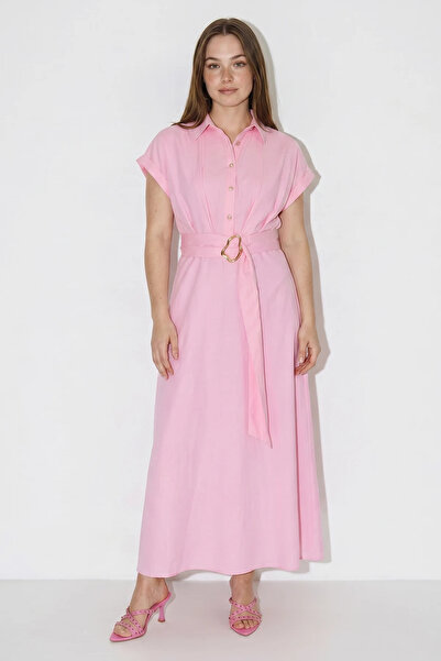 Efnaz style Women's Belted Shirt Collar Midi Pink Dress