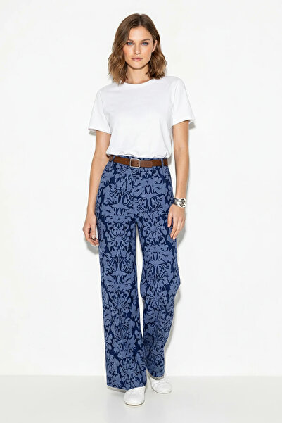 Efnaz style Women's Belted Lycra Patterned High Waist Wide Leg Denim Textured...