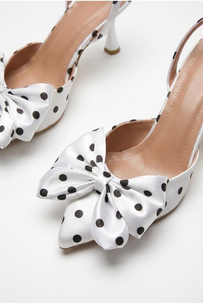 Generic Brand Pantofi stiletto cu toc subțire, cu model cu buline și detaliu fundă, pentru femei, albi
