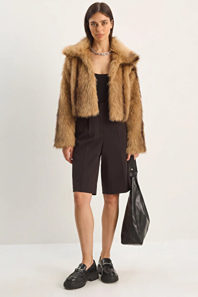 Generic Brand Women's Patterned Lined Faux Fur Camel Brown Jacket