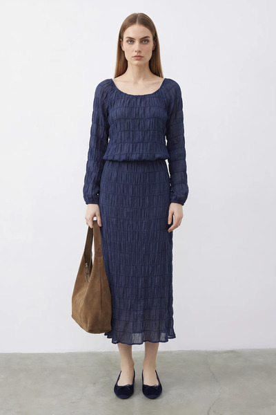 Efnaz style Women's Gathered Wrinkled Textured Navy Blue Top and Bottom Set