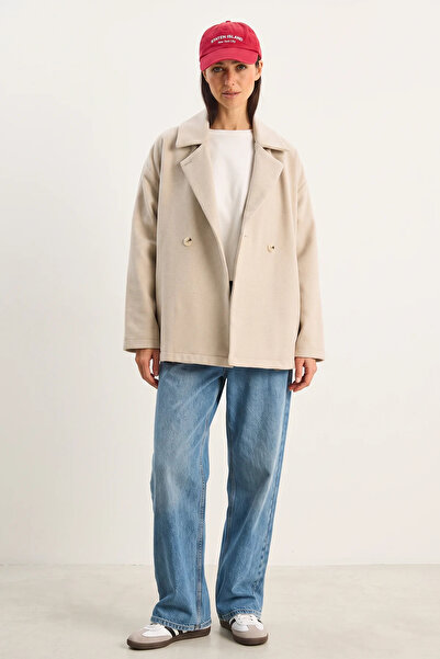 Efnaz style Women's Double-Breasted Collar Pocket Detailed Cashmere Beige Jacket