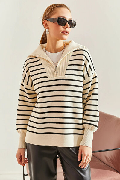 Efnaz style Women's Striped Knitwear Cream Black Sweater