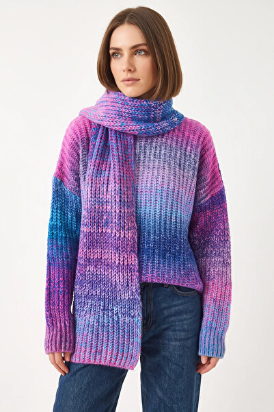 Generic Brand Women's Crew Neck Knitted Scarf Fuchsia Turquoise Sweater