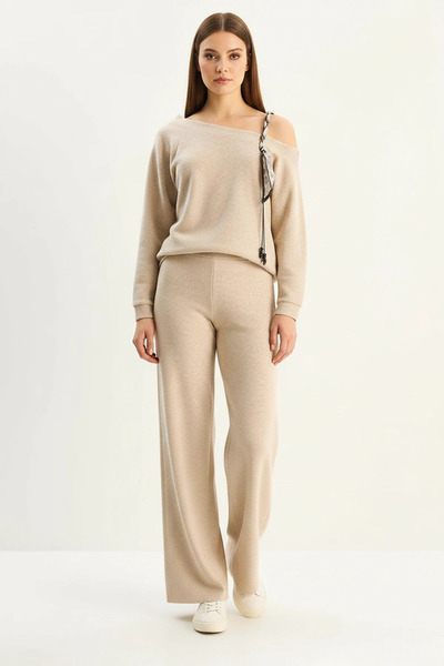 Efnaz style Women's Beige Suit with Shawl Accessories, One-Shoulder Top and L...