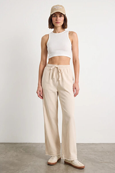 Efnaz style Women's Elastic Waist, Detailed Cuffs, Palazzo Style Cotton Beige...