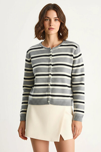 Efnaz style Women's Striped Crew Neck Knitwear Gray Cardigan