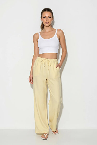 Efnaz style Women's Ayrobin Fabric Elastic Waist Tied Pocketed Wide Leg Yello...
