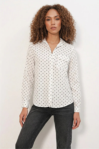 Efnaz style Women's Single Pocket Polka Dot Oversize Shirt - White