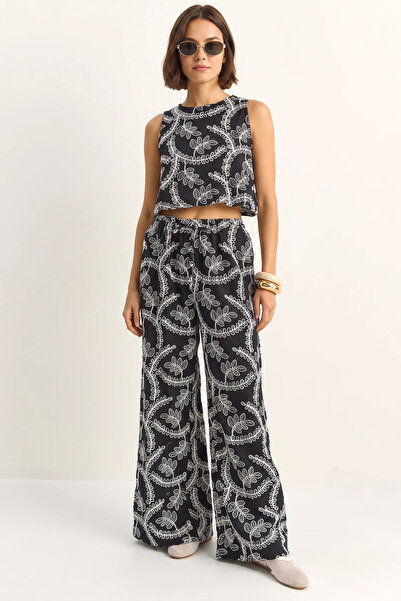 Şeker Portakalım Women's Embroidered Elastic Balloon Crop Blouse Wide Leg Bla...