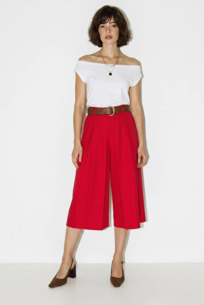 Efnaz style Women's High Waist Pleated Detailed Wide Leg Culotte Red Trousers