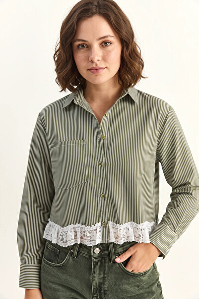 Generic Brand Women's Lace Detailed Striped Crop Khaki Shirt