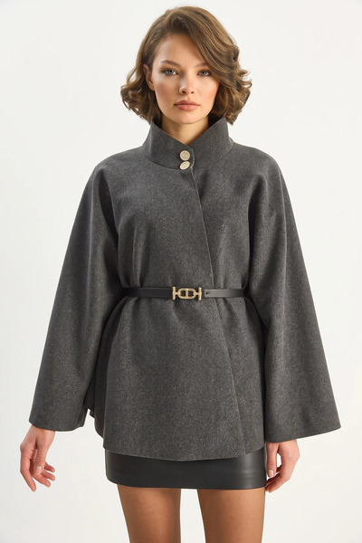 Efnaz style Women's Gold Button Detailed Stand Collar Belted Poncho Anthracite