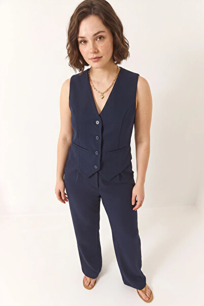 Efnaz style Women's High Waist Casual Palazzo Pants and Vest Knitted Navy Blu...