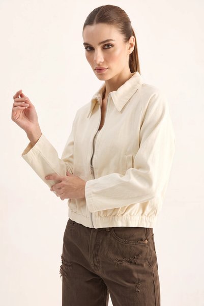 Generic Brand Jachetă de damă, sezonieră, din denim crem, cu buzunar cu fermoar