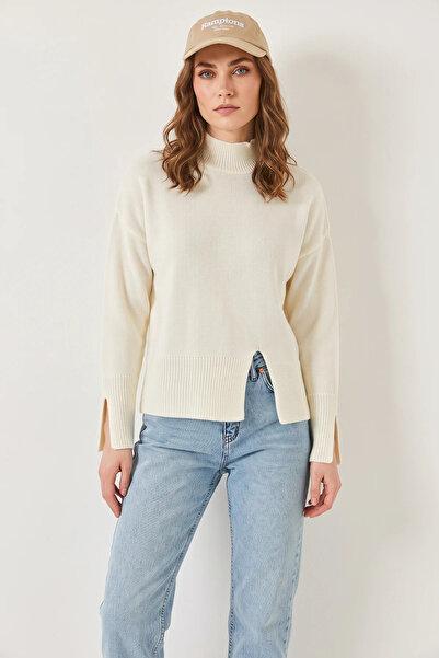 Efnaz style Women's Turtleneck Knitwear Ecru Sweater with Front Slit