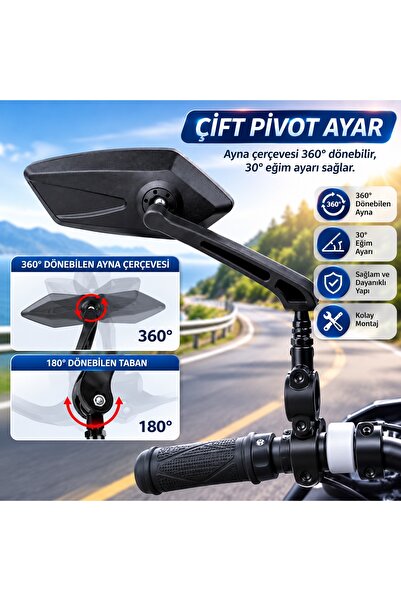 Zoli Bisiklet ve Motosiklet Gidon Aynası Sağ-Sol Takım – 360° Ayarlanabilir Geniş Görüşlü Dikiz Aynası