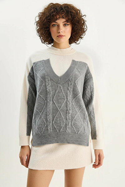 Efnaz style Women's Color Blocked Oversize Knitwear Cream Gray Sweater