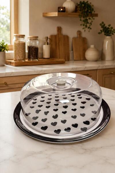İLİVA 31 cm Covered Cake Dish – Transparent Serving Dish – Black Heart Patter...