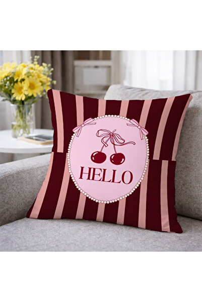 Evmila Hello Cherry Burgundy Striped Decorative Throw Pillow Cover Retro Kitc...