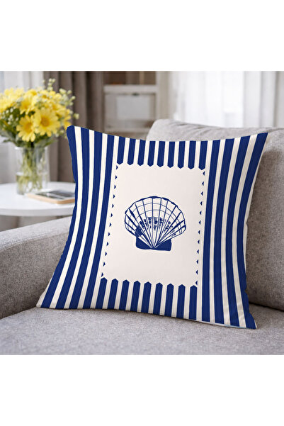Evmila Navy Blue Striped Seashell Patterned Decorative Throw Pillow Cover Mar...