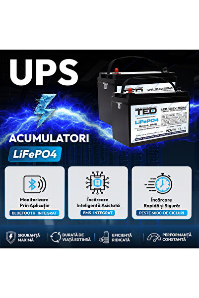 TED Electric Pachet UPS 2000VA/1400W Runtime Extins cu 2x Acumulatori Externi LiFePO4 12V 150Ah, până la 6.000 de Cicluri, BMS Inteligent, Monitorizare Bluetooth, Undă Sinusoidală Pură și 2 Prize Schuko