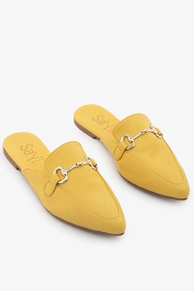 SAYL Yellow Genuine Leather Buckle Women's Slippers