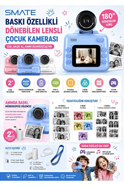 Anında Baskı 180° Dönebilen Lens Selfie Çocuk Kamerası Beyaz