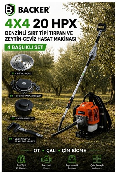 Backer 4x4 20HPX Sırt Tipi Benzinli Tırpan ve Zeytin-Ceviz Hasat Makinesi – 4...