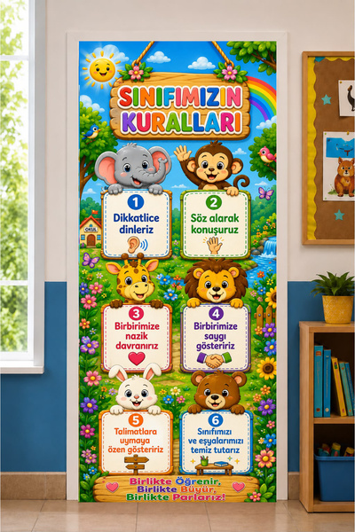 PROMISEBACKDROP2 190X75Cm Elastic School Classroom Door Drape, Rules of Our C...