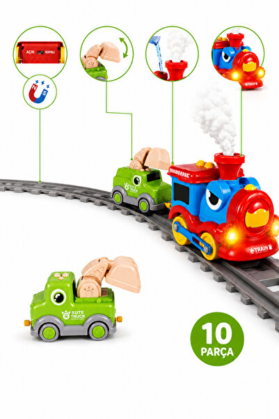 craftivio Buhar Çıkaran Işıklı ve Sesli Şantiye Tren Seti - 10 Parça Manyetik...