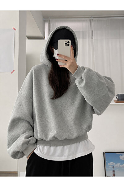 MOONBULL Kadın Kışlık 3 İplik Şardonlu Kapüşonlu Sweatshirt