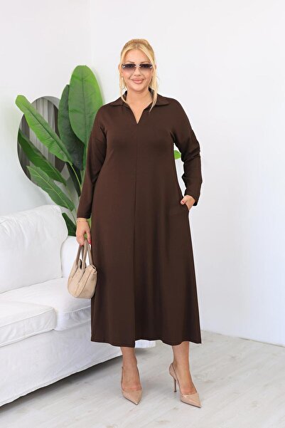Siyezen Plus Size Polo Neck Modal Fabric Flared Dress