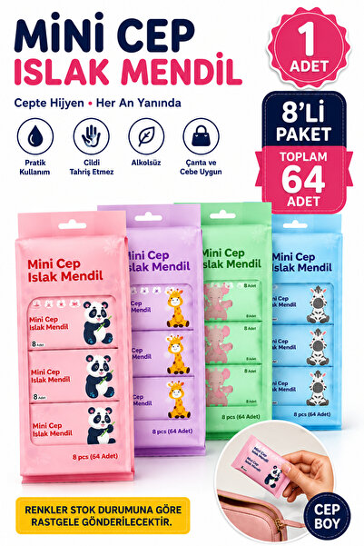 Alıç Mini Pocket Wet Wipes 8 Pack 64 Pieces Bag and Pocket Size Wet Wipes