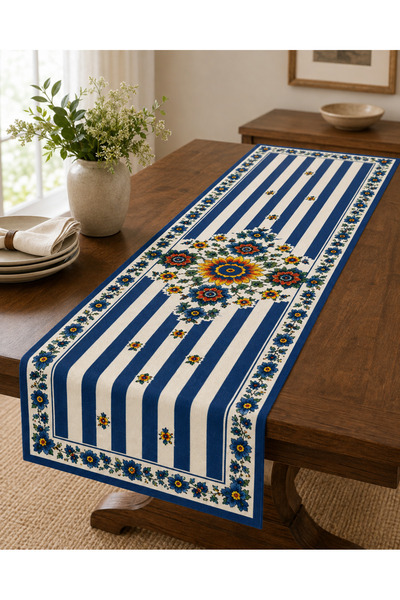ayshome textile Ays Home Lacivert Çizgili Çiçekli Dokuma Dijital Baskılı ÜST KALİTE Runner (45 X145 )