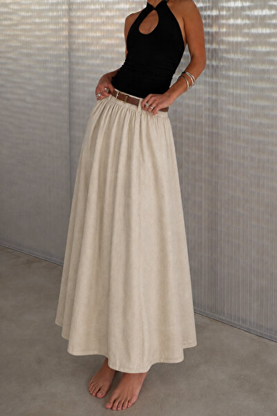 COMBİNE MİCHAİL Women's Premium High Waist Elastic Beige Skirt
