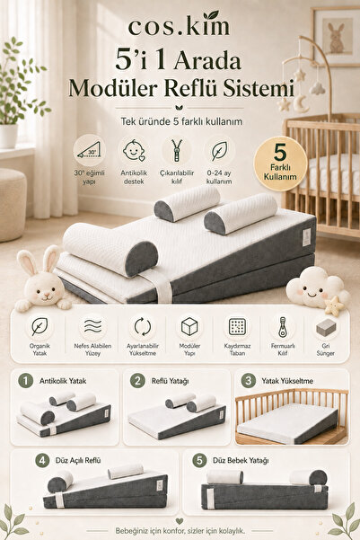 Cos.kim Modular Baby Bed 5 in 1 - Anti-Colic, 30 °   Inclined, Washable Cover