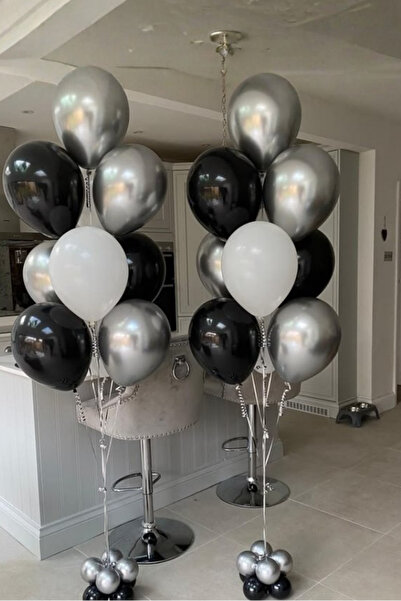 Organizasyon Pazarı Set of 16 Black Silver White Balloons Birthday Party Deco...