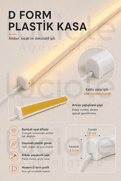 luciole 220V Amber LED Bar 50 cm Fişli Anahtarlı Yapışkanlı Tezgah Altı Dolap İçi Aydınlatma