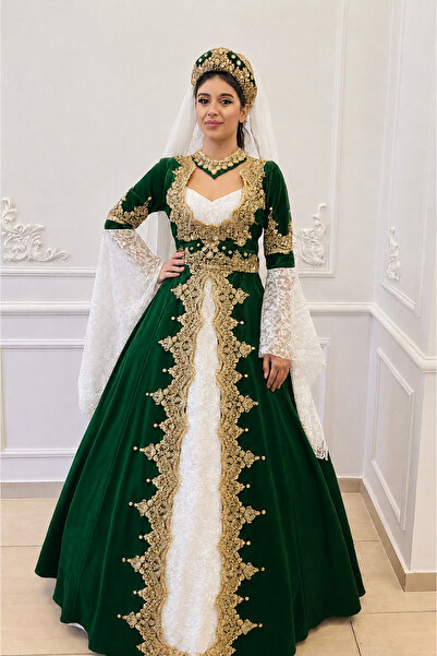 atölyekaftanbutik Green Gold Velvet Kaftan with Bindall